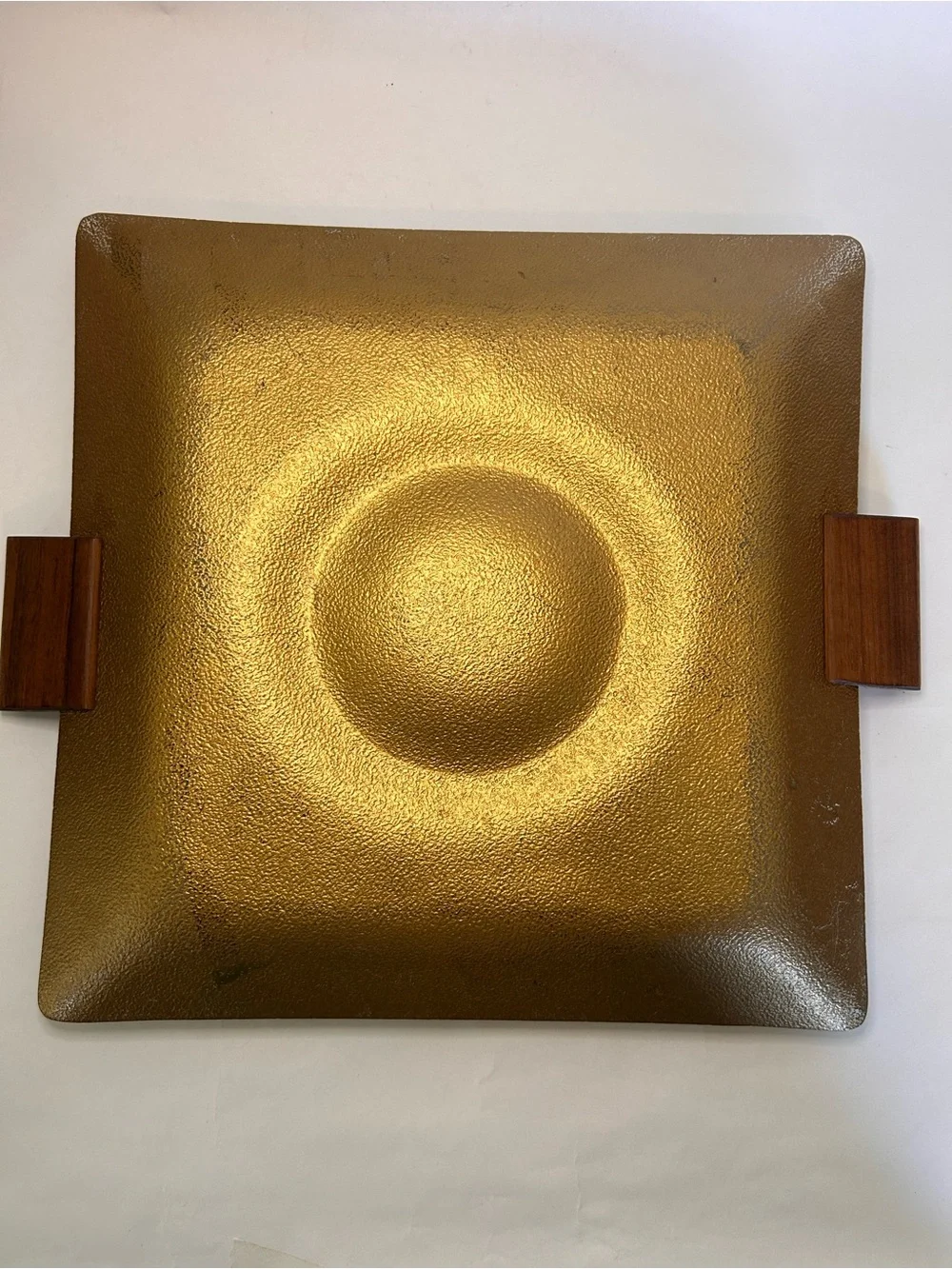 ERNEST SOHN COLLECTION MCM BAMBOO DESIGN GOLD & GLASS PLATE WOOD HANDLE TRAY VTG